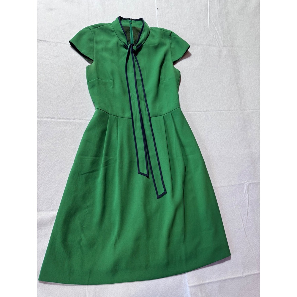 J.Crew Green Tie Neck Short Sleeve Fit and Flare Dress Navy Trim Size 2